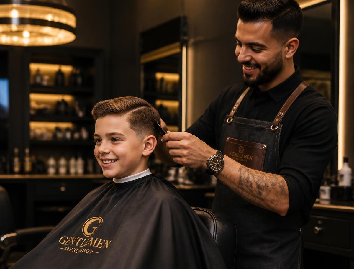 Criança sorrindo durante corte de cabelo na Dutra Barbershop